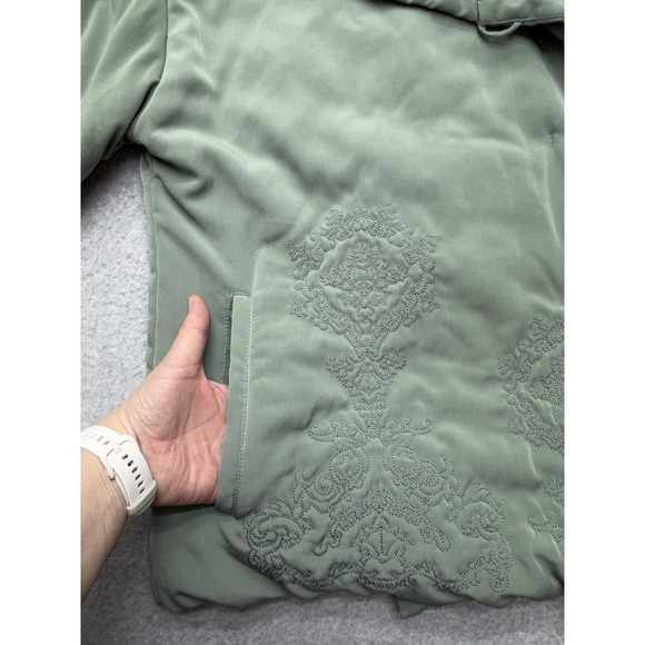 J Jill Womens Large Green Embroidered Puffer Jacket Snap Front Collar - Picture 6 of 16